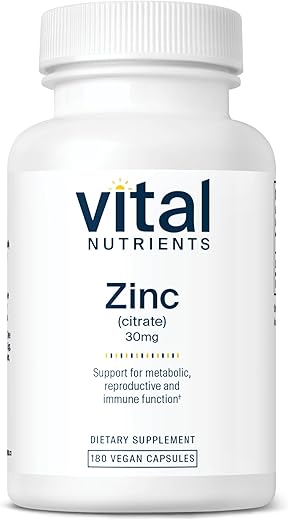 Zinc Citrate 30mg | Suplemento Vegano de Zinco de Fácil Absorção | Suporte Imunológico | Sem Glúten, Laticínios ou Soja | Não-OGM | 180 Cápsulas - Vital Nutrients