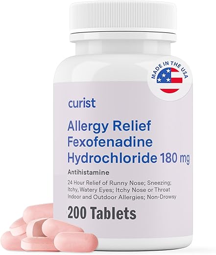 Fexofenadine Hydrochloride 180mg (200 Comprimidos) – Medicamento para Alergia Não Sonolento Fabricado nos EUA – Alívio de Alergia Durante 24 Horas para Coriza, Coceira nos Olhos - Curist