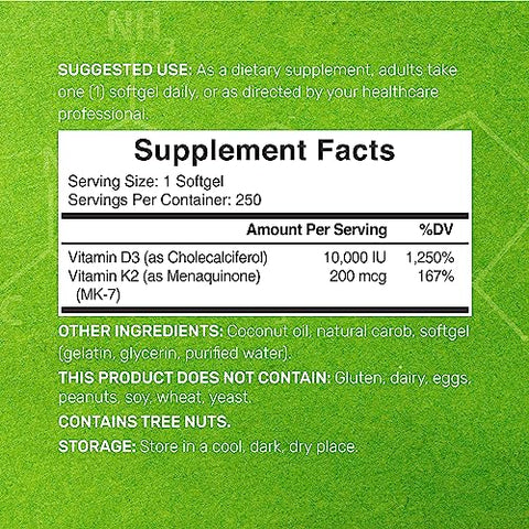 DEAL SUPPLEMENT - Vitamina D Sunshine – D3 10000 UI com K2 MK7 200mcg, Infundida com Óleo de Coco Virgem, Suporte para Ossos, Dentes e Sistema Imunológico – Fácil de Engolir