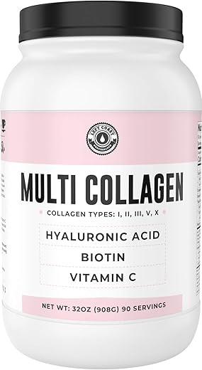 Left Coast Performance - Pó de Colágeno Multi com Biotina, Ácido Hialurônico, Vitamina C (Tamanho Econômico 2lb) | Suplemento de Colágeno Hidrolisado (Tipos I, II, III, V, X). Cabelo, Pele, Unhas para Mulheres, Homens