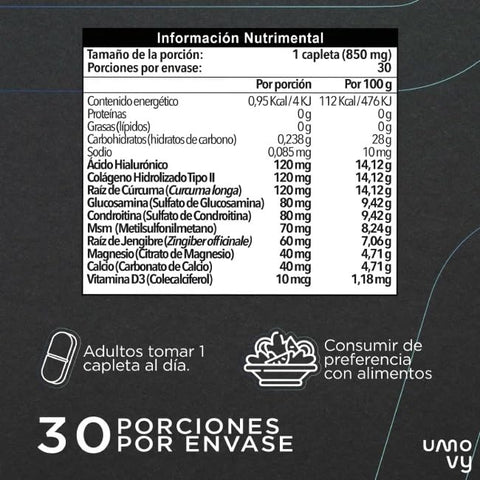 Umovy - Artix 30 Caplets 850 mg Colágeno Tipo II Hidrolisado, Ácido Hialurônico, Cúrcuma, Glucosamina, Condroitina, MSM, Gengibre, Magnésio, Cálcio, Vitamina D – Comprimidos