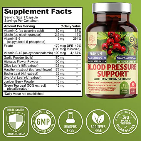 Number One Nutrition - N1N Premium Suporte para Pressão Arterial com Espinheiro e Hibisco [13 Ingredientes Potentes], Suplemento Natural para Saúde do Fluxo Sanguíneo, 180 Cápsulas