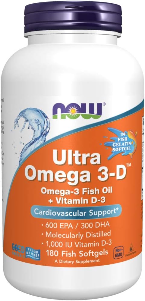 Suplementos, Ultra Ômega 3-D™, Óleo de Peixe Ômega-3 Vitamina D-3, Suporte Cardiovascular*, 180 Softgels - NOW Foods