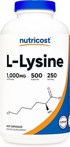 L-Lysine 1000mg por Porção, 250 Porções, 500 Cápsulas – Livre de Glúten, Não-OGM, 500mg por Cápsula - Nutricost