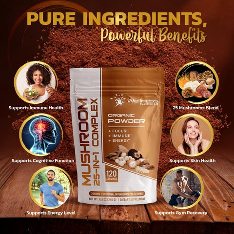 WELLNESS LABSRX - Pó de Cogumelo Orgânico 25 em 1 Lions Mane – 2000mg – Suplemento de Cogumelos Superfood, Chaga, Shiitake, Cordyceps, Reishi – Lion’s Mane