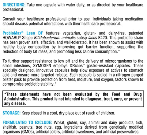 ProbioMax Lean DF – Probiótico para Suporte da Função da Barreira Intestinal – Bifidobacterium animalis subsp lactis B420 (30 Cápsulas Gastro-Resistentes) - XYMOGEN