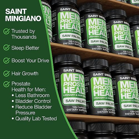 Saint Mingiano - Saúde da Próstata Masculina – 120 Cápsulas de Suplementos Avançados para Homens com Saw Palmetto, Apoiando a Função Urinária e a Saúde Capilar – Fornecimento de 3 Meses de Ervas Naturais