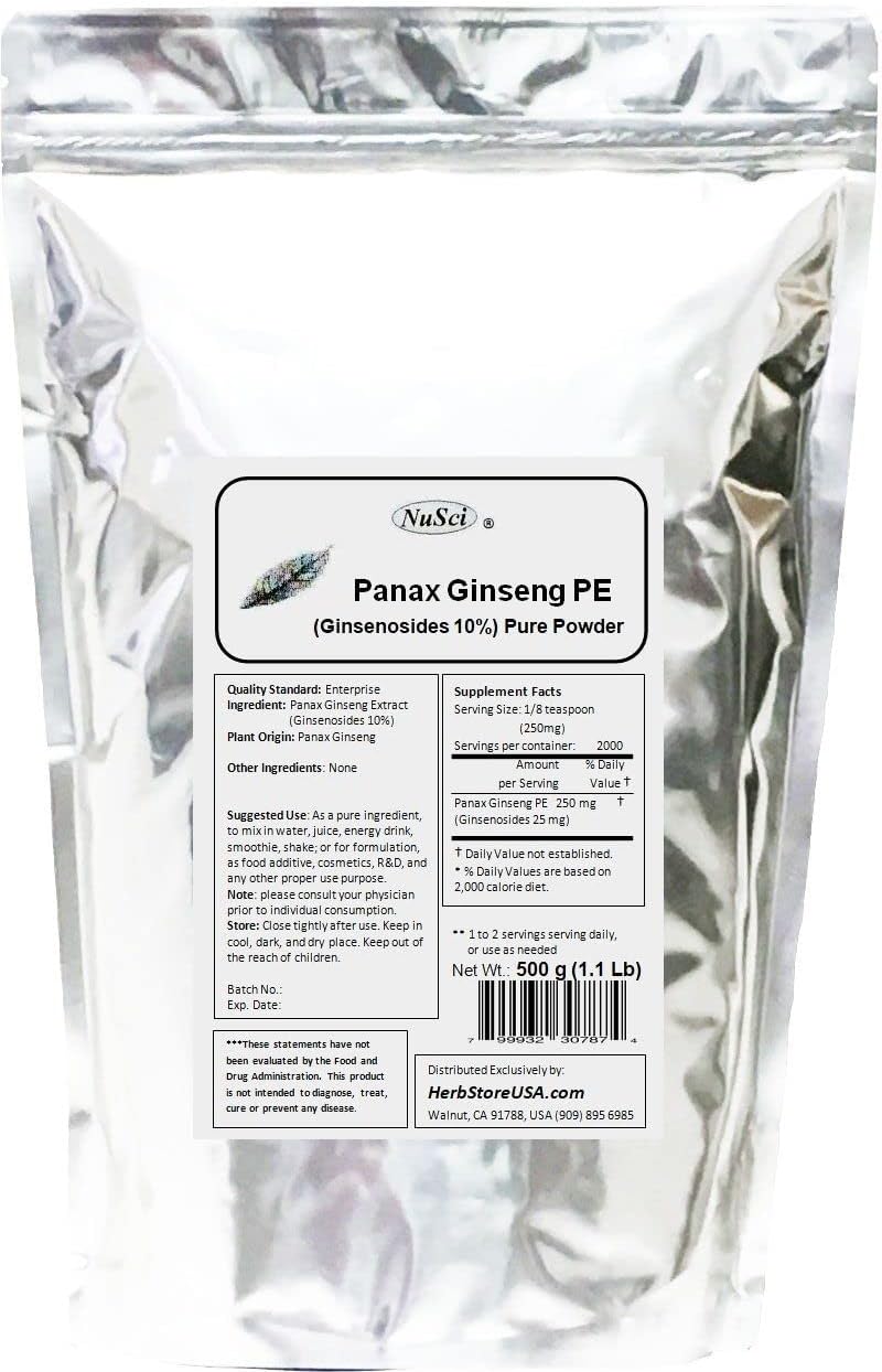 NuSci - Extrato de Panax Ginseng em Pó, Padronizado 10% Ginsenosídeos, Energia – 100g
