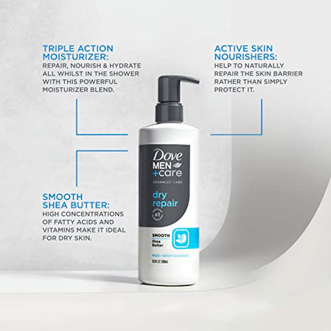 DOVE MEN + CARE - DOVE MEN CARE – Sabonete Líquido Facial e Corporal Advanced Care Dry Repair 3 Unidades para Pele Seca com Manteiga de Karité Suavizante 500ml