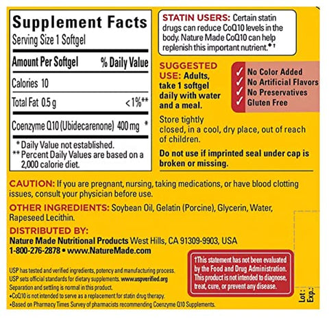 CoQ10 400 mg Softgels – Embalagem de 1 Unidade – Coenzima Q10 – Saúde e Bem-Estar - Nature Made