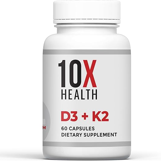 10X Health System - Vitamina D3 K2 10X Health – 125 mcg de Vitamina D e 90 mcg de Vitamina K (Menaquinona 7) – Suplementos D3 e K2 que Apoiam a Saúde Óssea, Cardíaca e Dental – 60 Cápsulas