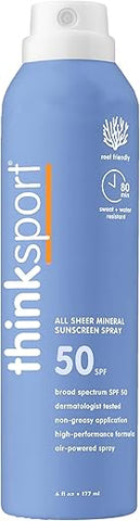 Spray Solar Mineral SPF 50 – Proteção Solar UVA/UVB com Óxido de Zinco Natural – Resistente à Água – 177 ml - Thinksport