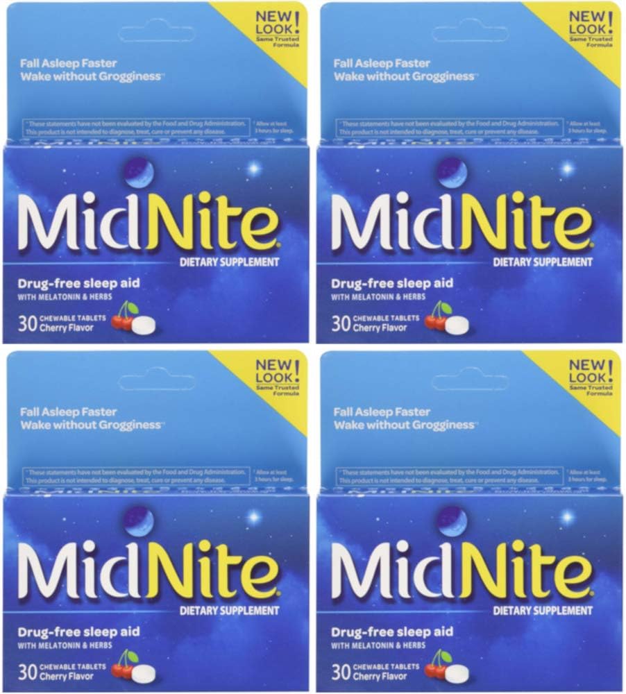 Aid para Insônia Ocasional, 30 Comprimidos Mastigáveis de Cereja (Pacote Econômico com 4) - MidNite