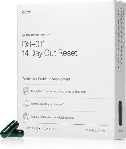 DS-01 14 Day Gut Reset – Prebiótico e Probiótico (28 Cápsulas) – 53,6 Bilhões de AFU – Saúde Digestiva, Saúde Intestinal e Recuperação Rápida do Intestino – Probióticos Multi-Cepas para Mulheres - Seed