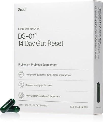DS-01 14 Day Gut Reset – Prebiótico e Probiótico (28 Cápsulas) – 53,6 Bilhões de AFU – Saúde Digestiva, Saúde Intestinal e Recuperação Rápida do Intestino – Probióticos Multi-Cepas para Mulheres - Seed