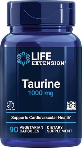 Taurina: Suplemento de aminoácido taurina pura para saúde do coração, fígado e cérebro, longevidade, músculos e exercícios, dose de 1000 mg, livre de transgênicos, sem glúten, vegetariano, 90 cápsulas - Life Extension