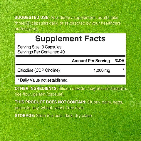 Citicoline CDP Choline 1.000mg por Porção 120 Cápsulas – Suplemento Extra Forte de Colina – Propriedades de Vitaminas B Nootrópicas – Promove a Saúde Cerebral, Memória - DEAL SUPPLEMENT