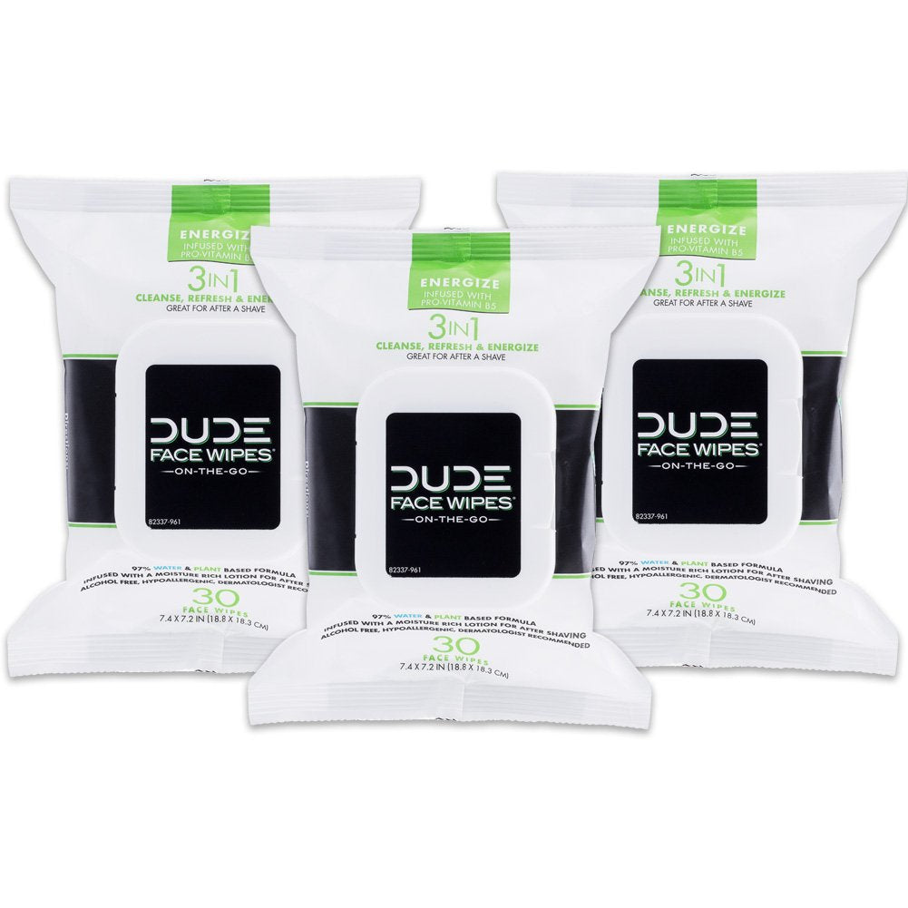 DUDE Wipes - Dude Wipes – 3 Pack, 90 Lenços, Infundidos com Energizante Pro Vitamina B5, Livres de Álcool e Hipoalergênicos