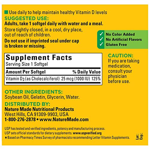 Nature Made - Vitamina D3, 300 Softgels, 1000 UI (25 mcg) – Fortalece a Imunidade, Ossos e Dentes