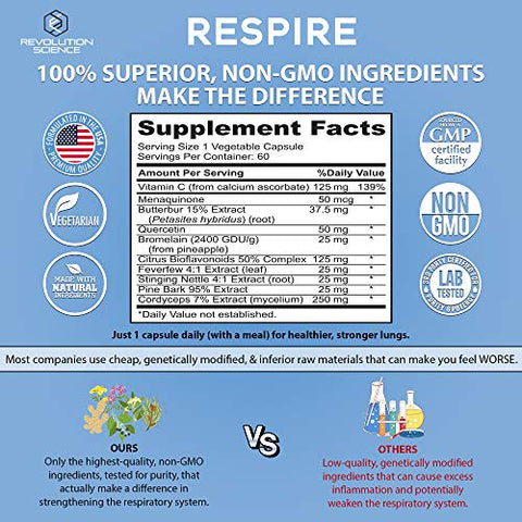 Revolution Science - Respire – Suplemento de Suporte Pulmonar para Limpeza dos Pulmões – 60 cápsulas