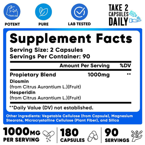 Diosmin Hesperidina 1000mg – 180 Cápsulas – Suplemento de Diosmina e Hesperidina – Auxilia na Circulação Saudável, Veias, Capilares - We Like Vitamins