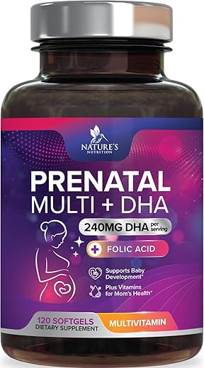 Nature's Nutrition - Multivitamínico Pré-Natal para Mulheres com Ácido Fólico DHA, Suplemento Vitamínico Pré-Natal para Suporte Fetal com Folato, Ômega 3, Vitaminas D3, B6, B12