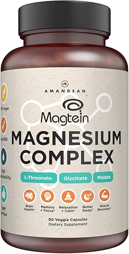 AMANDEAN - Suplemento de Magnésio L-Treonato Amandean. Complexo de Treonato, Glicinato, Malato. 90 Cápsulas Vegetarianas. Alta Absorção Magtein Bisglicinato Quelato de DiMagnésio Malato. Cérebro