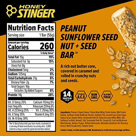 Barra de Sementes e Nozes Honey Stinger | Amendoim e Girassol | Alimento Rico em Proteínas para Exercícios, Resistência e Desempenho e Recuperação | Barra de Lanche Nutricional Esportivo para Casa