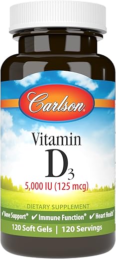 Vitamina D3 5000 UI (125 mcg), Saúde Óssea, Saúde Muscular, Colecalciferol, Suplementos de Vitamina D, Cápsulas Softgel de Vitamina D3, 120 Softgels - Carlson
