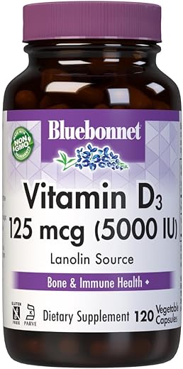 Vitamina D3 5000 UI Cápsulas Vegetais, 120 Unidades – Alta Potência - Bluebonnet