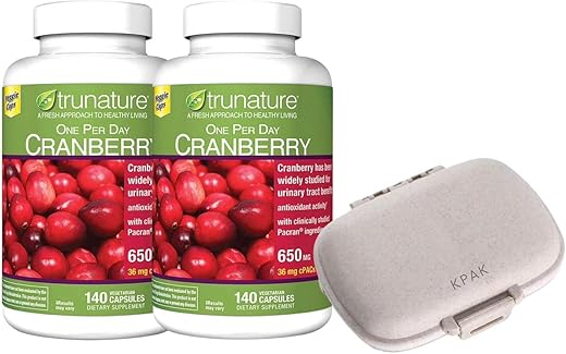 KPAK - Tru Nature Cranberry 650 mg – 140 Cápsulas Vegetarianas (2 Pacotes, 280 no total) + Estojo com 8 Compartimentos
