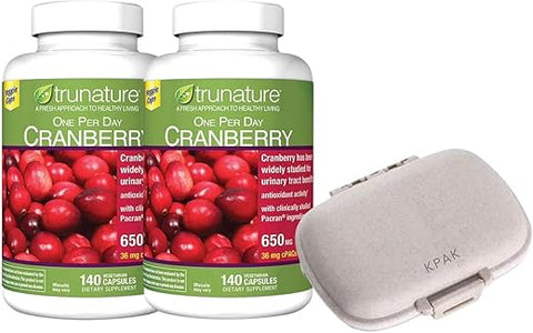 KPAK - Tru Nature Cranberry 650 mg – 140 Cápsulas Vegetarianas (2 Pacotes, 280 no total) + Estojo com 8 Compartimentos