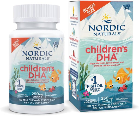 DHA Infantil Morango – 120 Mini Cápsulas Mastigáveis para Crianças – 250 mg Ômega-3 com EPA - Nordic Naturals