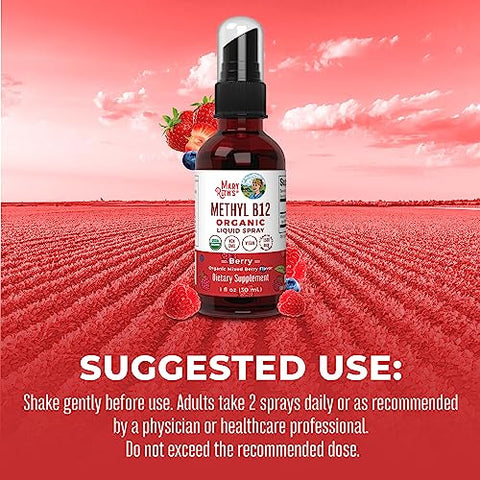 MaryRuth Organics - Spray de Vitamina B12 Orgânica USDA | Líquido de Vitamina B12 Orgânica em Spray | Suplemento de Vitamina B12 Líquida para Função do Sistema Nervoso | Vitamina B12 Líquida para Suporte Energético | Vegano | Não-OGM | 30ml