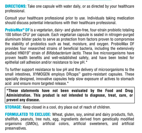 ProbioMax DF – Probiótico 100 Bilhões UFC – 4 Cepas – Sem Laticínios – Lactobacillus acidophilus Bifidobacterium lactis HN019 (30 Cápsulas Resistentes ao Ácido) - XYMOGEN