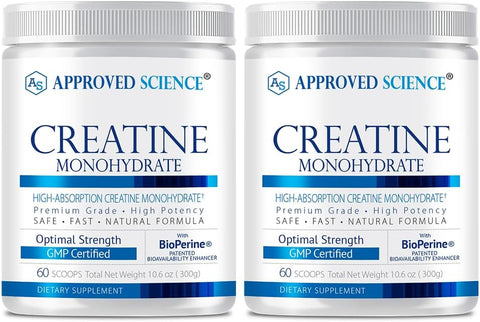 Creatina Monohidratada em Pó Approved Science com BioPerine – Suporte para Treino – 120 Porções – 5g por Porção – Sem Sabor – Pacote com 2 – Não-OGM, Vegano