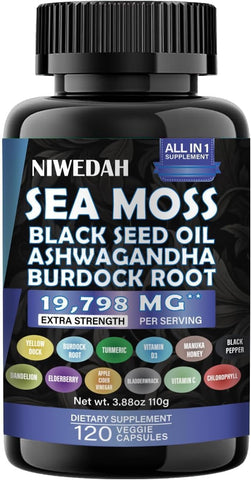 NIWEDAH - Sea Moss 7000mg Ashwagandha 2000mg Black Seed Oil 4000mg Turmeric 2000mg Bladderwrack 2000mg Burdock 2000mg – Potente Fórmula Natural para Saúde e Bem-Estar