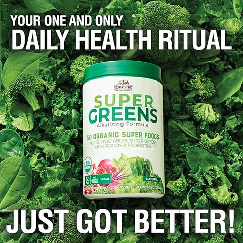 Super Greens: 50 Alimentos Orgânicos, Mix de Bebida Orgânica, Sabor Natural, Frutas, Vegetais, Super Greens, Cogumelos – 50g - COUNTRY FARMS