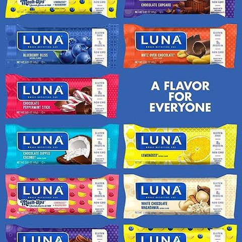 Luna Bar - LUNA Bar – Pack Sortido – Sem Glúten – Não-OGM – 7-9g Proteína – Feito com Aveia Orgânica – Baixo Índice Glicêmico – Barras de Lanche Nutritivas – Exclusivo Amazon – 48g (12 Unidades)