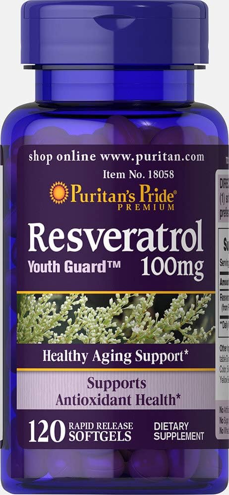 Puritan's Pride - Puritan’s Pride Resveratrol Youth Guard 100mg – 2 Embalagens de 120 Softgels (240 no Total) – Antioxidante Potente para a Juventude da Pele