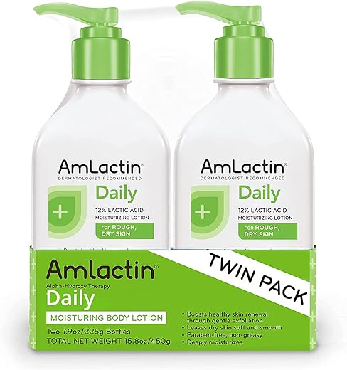 Loção Hidratante Diária para Pele Seca – Frascos de 7,9 oz (Pacote Duplo) – Esfoliante-Loção Corporal 2 em 1 com 12% de Ácido Lático, Recomendado por Dermatologistas (Embalagem Pode Variar) - AmLactin
