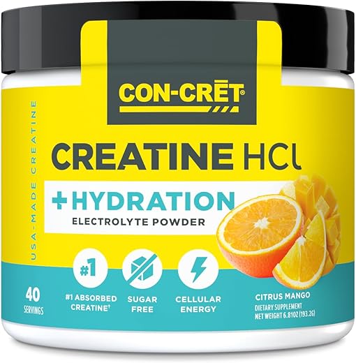 CON-CRET - Creatine HCl Hydration | Pó de Eletrólitos | Citrus Mango | Sem Açúcar | Fórmula de Reidratação com Potássio, Sódio, Zinco, Magnésio para Hidratar | 500g