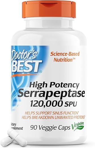 Doctor's BEST - Doctor’s Best Serrapeptase de Alta Potência, Sem OGM, Sem Glúten, Vegano, Suporta Seios Nasais Saudáveis, 120.000 SPU, 90 Comprimidos