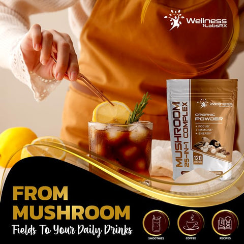 WELLNESS LABSRX - Pó de Cogumelo Orgânico 25 em 1 Lions Mane – 2000mg – Suplemento de Cogumelos Superfood, Chaga, Shiitake, Cordyceps, Reishi – Lion’s Mane
