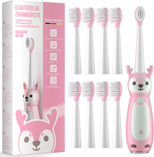 AJELU - Escova de Dentes Elétrica Infantil Sonic para Idades 3, à Prova d’Água IPX7, 3 Modos Inteligentes com Memória, Inclui 8 Cabeças de Escova Substituíveis, Rosa