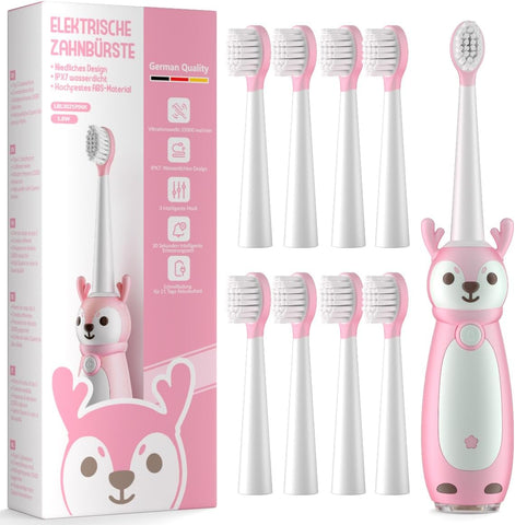 AJELU - Escova de Dentes Elétrica Infantil Sonic para Idades 3, à Prova d’Água IPX7, 3 Modos Inteligentes com Memória, Inclui 8 Cabeças de Escova Substituíveis, Rosa