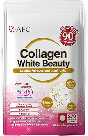 Japão Colágeno Branco Beleza com Colágeno Marinho Peptídeo, Glutationa, L-Cistina – Absorção 1.5X Melhor do que Outros Colágenos – para Firmeza da Pele - AFC