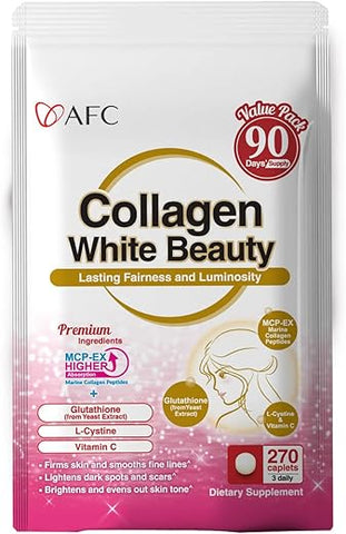Japão Colágeno Branco Beleza com Colágeno Marinho Peptídeo, Glutationa, L-Cistina – Absorção 1.5X Melhor do que Outros Colágenos – para Firmeza da Pele - AFC