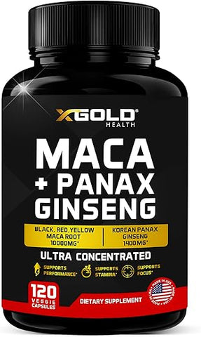 X Gold Health - Cápsulas de Raiz de Maca 10.000mg Ginseng Coreano Panax 1.400mg – Extrato Concentrado 20x Maca Preta Vermelha Amarela, Cápsulas de Extrato Concentrado 10x Ginseng Panax – Ultra