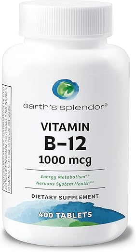 Earth's Splendor - Suplementos Energéticos Earth’s Splendor com Vitamina B12, Sem Cor ou Sabor Artificial, Livre de Glúten, Suporte ao Metabolismo Energético (1000mcg, 400 Comprimidos)